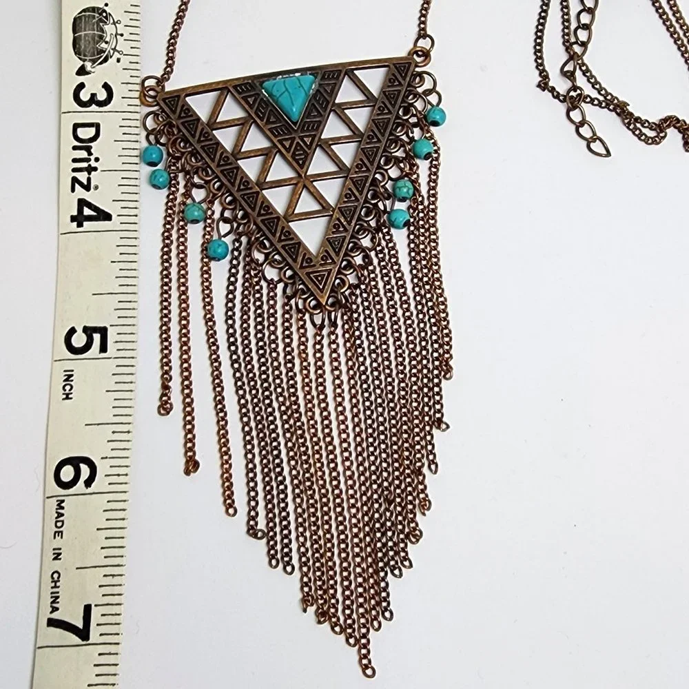 Southwest Tribal Modern Copper Long Fringe Turquoise Accent LONG 34
